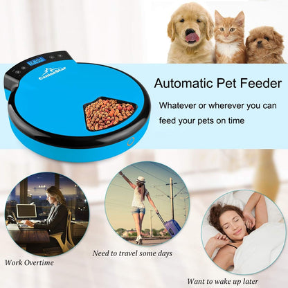 Automatic Pet Feeder for Cats Dogs, 5 Meal Food Dispenser Trays Cat Feeder Dry Wet Food Auto Feeder by Caninestar (Blue)