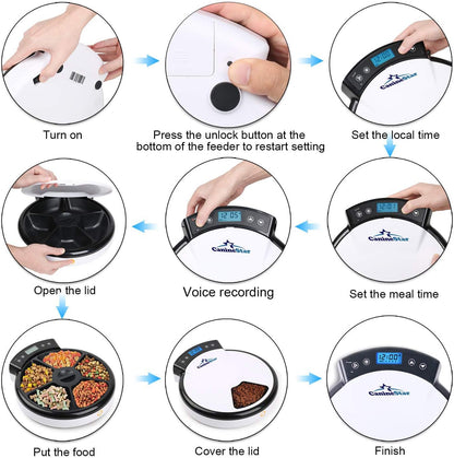 Automatic Pet Feeder for Cats Dogs, 5 Meal Food Dispenser Trays Cat Feeder Dry Wet Food Auto Feeder by Caninestar (Blue)