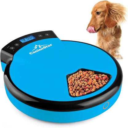 Automatic Pet Feeder for Cats Dogs, 5 Meal Food Dispenser Trays Cat Feeder Dry Wet Food Auto Feeder by Caninestar (Blue)