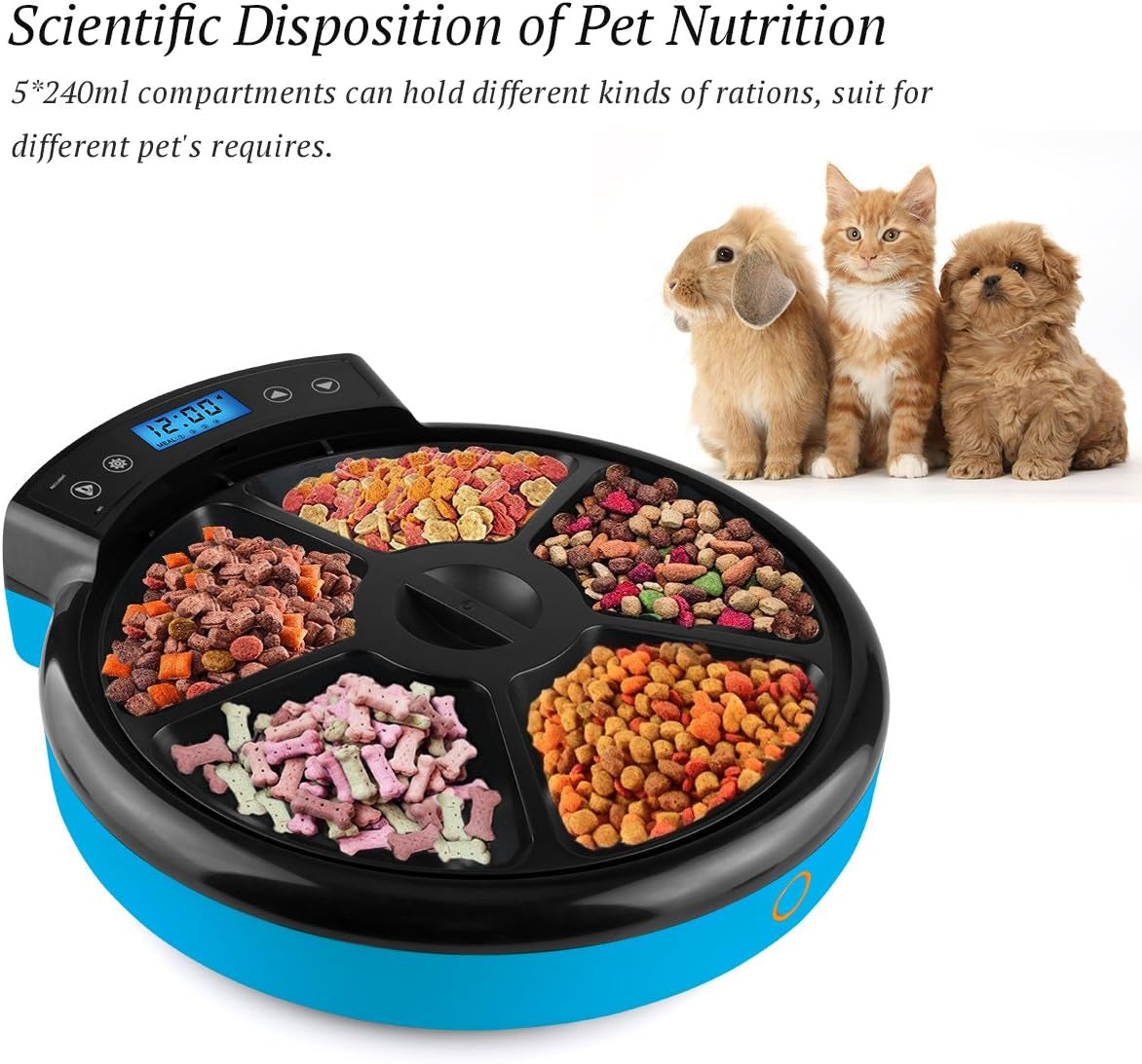 Automatic Pet Feeder for Cats Dogs, 5 Meal Food Dispenser Trays Cat Feeder Dry Wet Food Auto Feeder by Caninestar (Blue)