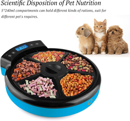 Automatic Pet Feeder for Cats Dogs, 5 Meal Food Dispenser Trays Cat Feeder Dry Wet Food Auto Feeder by Caninestar (Blue)